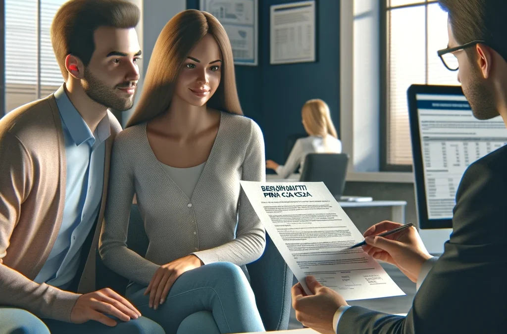 Coppia in un ufficio bancario con un consulente che spiega i requisiti mutuo prima casa, con documenti e grafici finanziari.