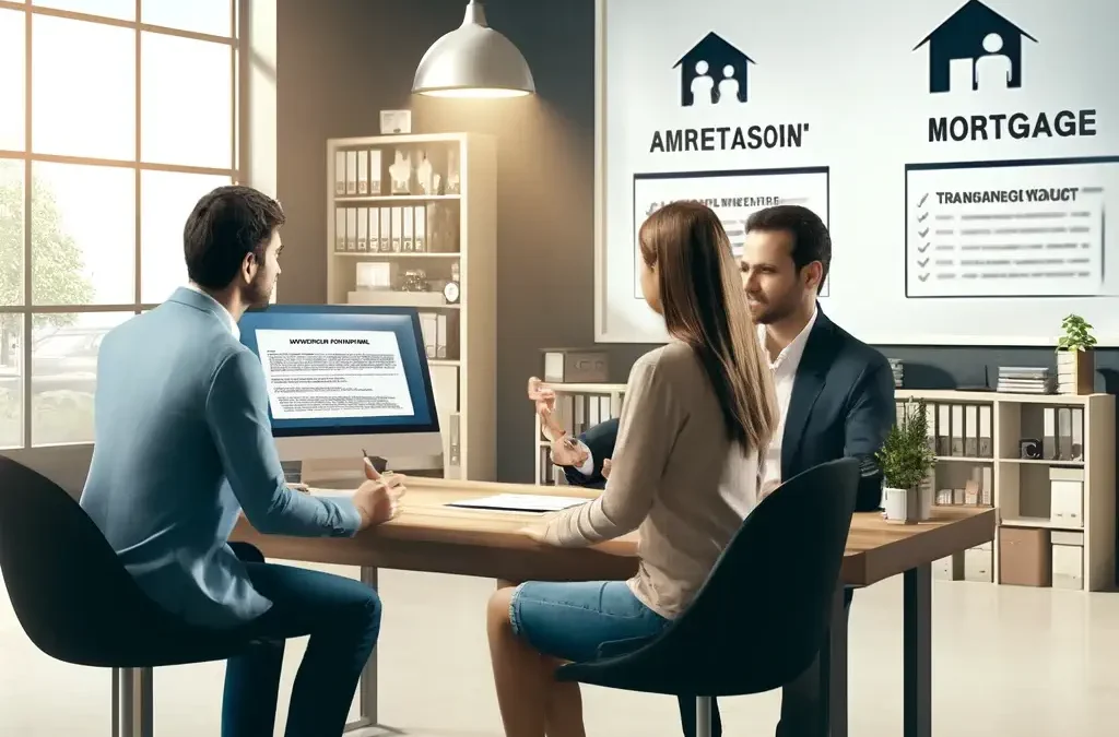 Surroga significato e implicazioni legali: Coppia che discute il trasferimento del loro mutuo con un consulente finanziario in un ufficio bancario moderno, con documenti e grafici.