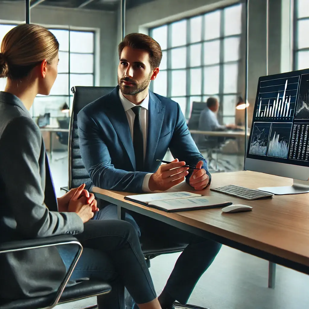 Intermediario finanziario consiglia un cliente, mostrando come diventare intermediario finanziario in pratica.