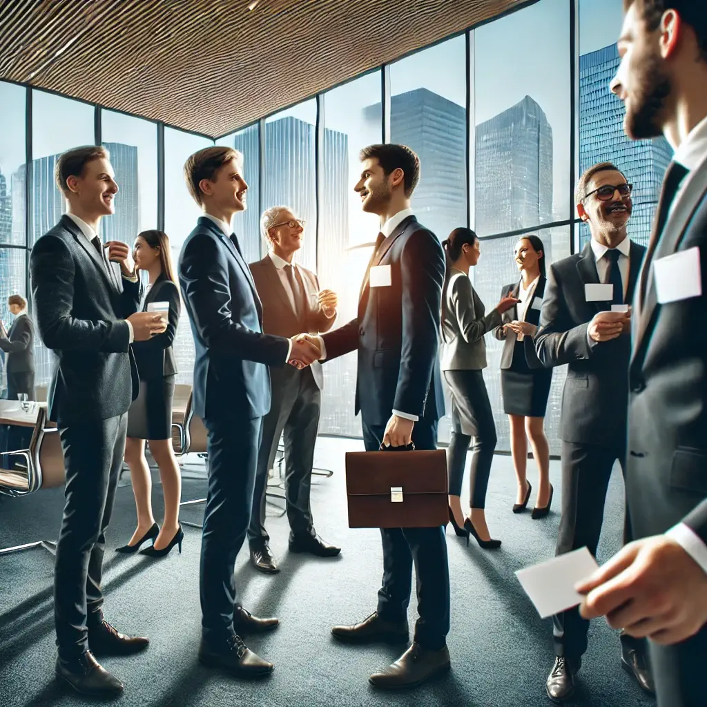 Professionisti si incontrano per discutere come diventare intermediario finanziario durante un evento di networking.