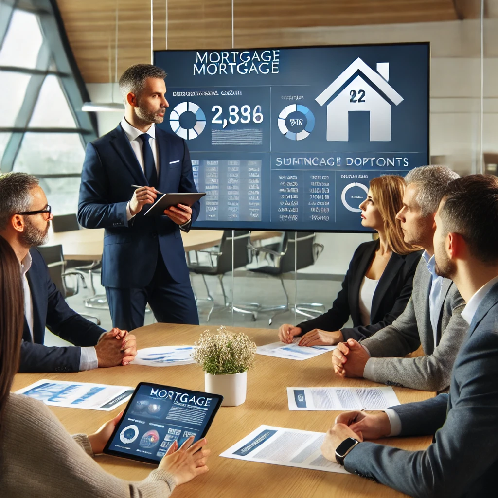 Esperto di mutui spiega le opzioni ai clienti durante una consulenza virtuale.