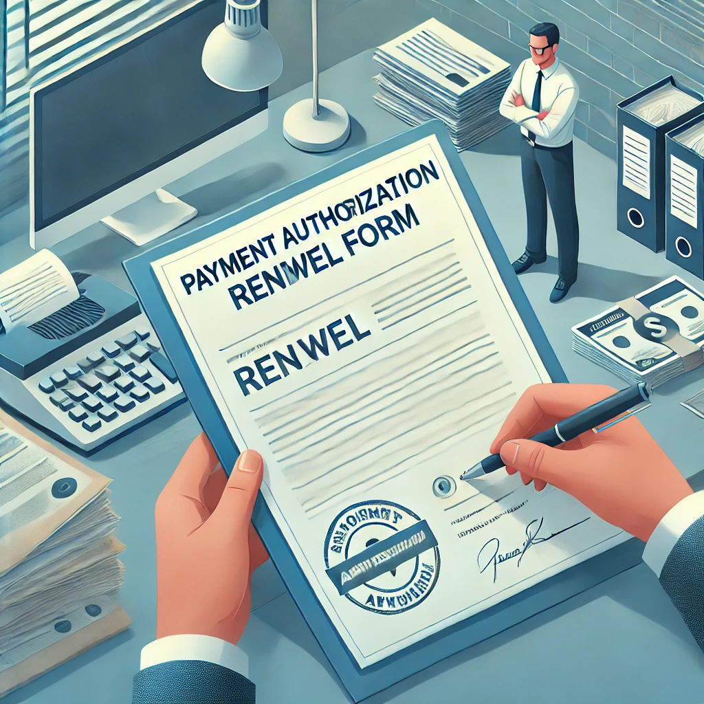 Persona che presenta un modulo per il rinnovo delega di pagamento in ufficio.