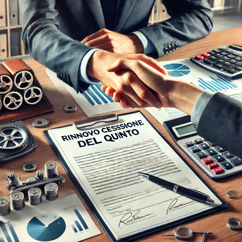 Due persone si stringono la mano dopo aver concluso un accordo per il rinnovo cessione del quinto, con documenti e grafici finanziari sulla scrivania