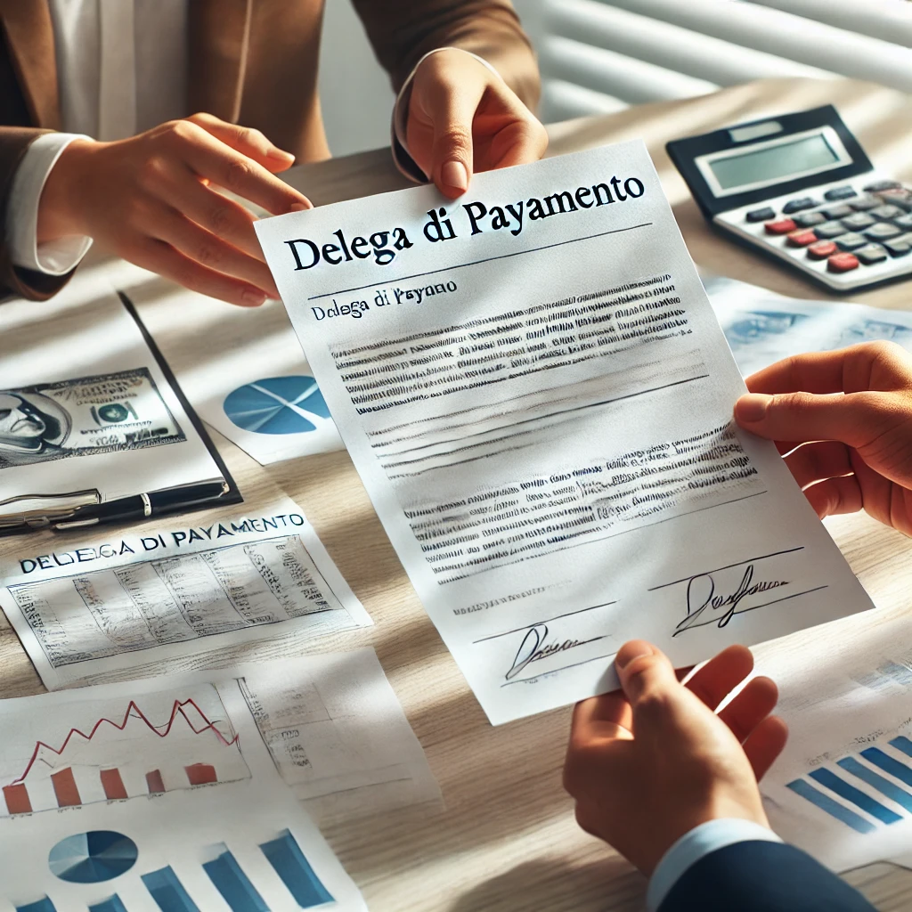 Una donna d'affari consegna un documento di 'Delega di Pagamento' firmato in un ufficio luminoso.