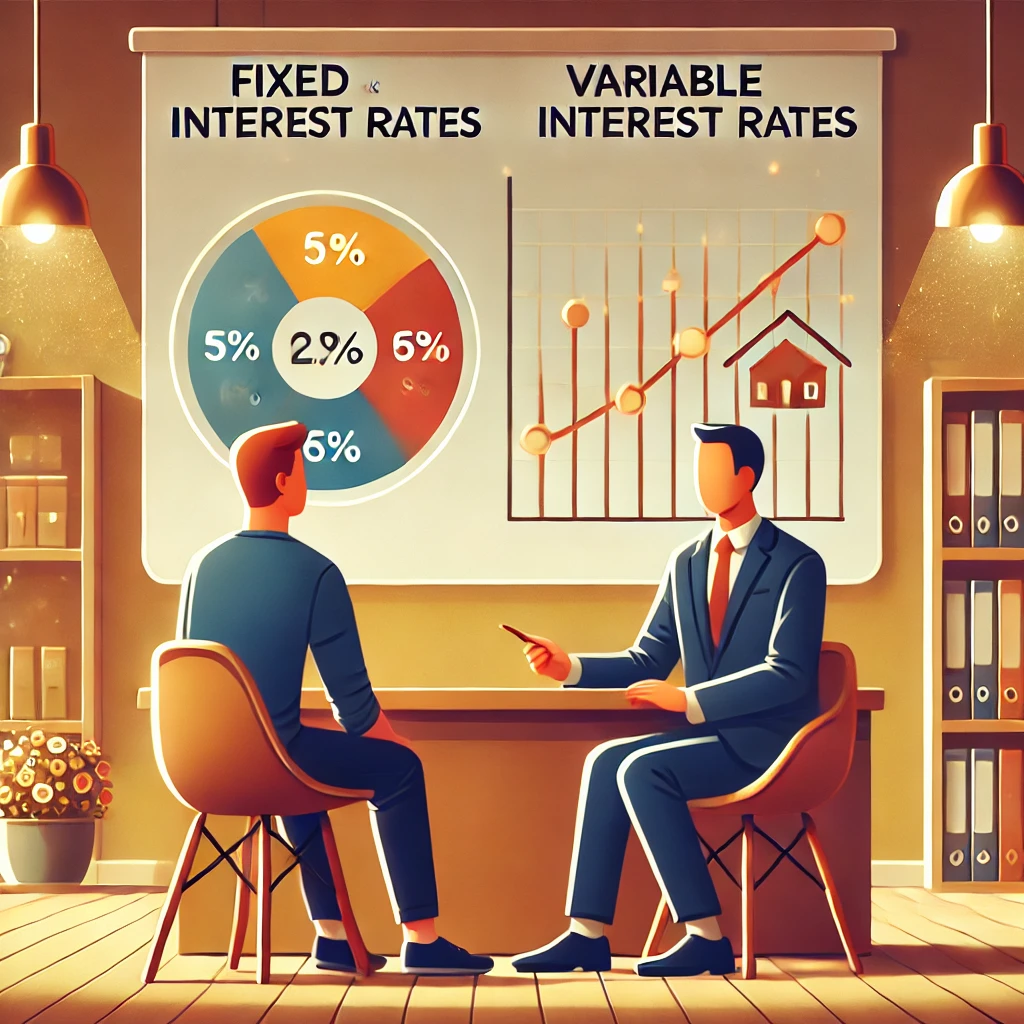 Cliente in consulenza bancaria con grafico sui mutui a tasso misto, mostrando combinazioni di tassi fissi e variabili.