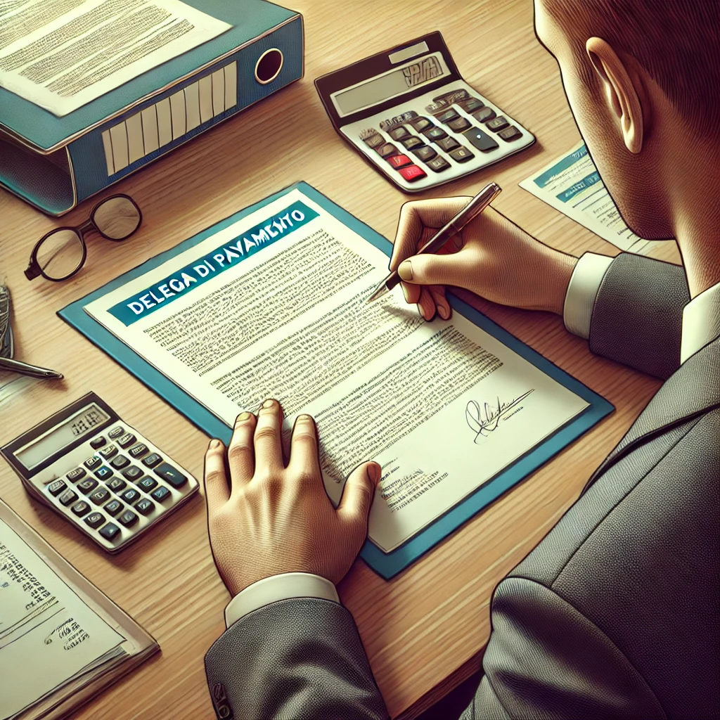 Persona che firma attentamente un documento di 'Delega di Pagamento' alla propria scrivania.