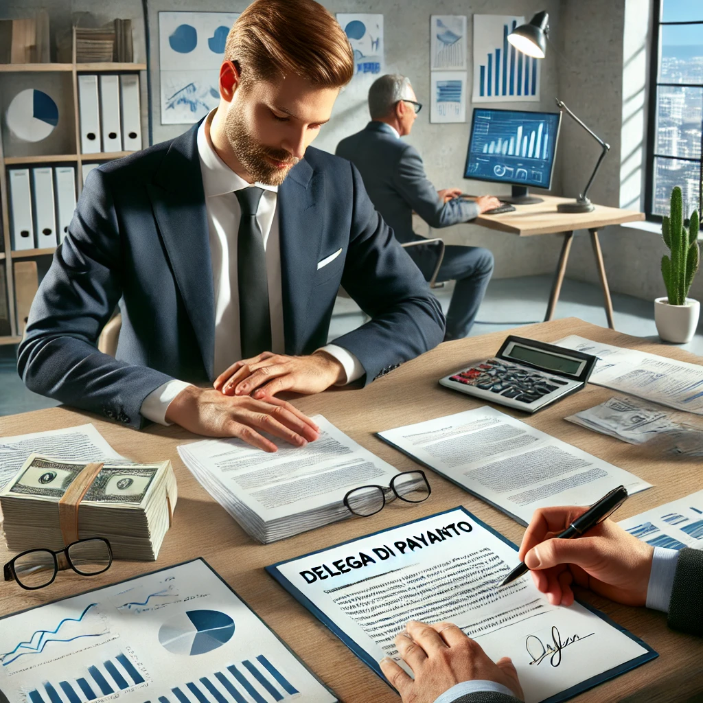 Un uomo firma un documento di 'Delega di Pagamento' durante una riunione aziendale, con un'altra persona che osserva in un ufficio con documenti finanziari e un computer.