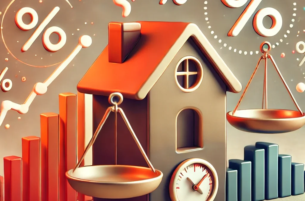 Illustrazione di una casa con bilancia e simboli per mutui a tasso misto, raffigurante tassi fissi e variabili.
