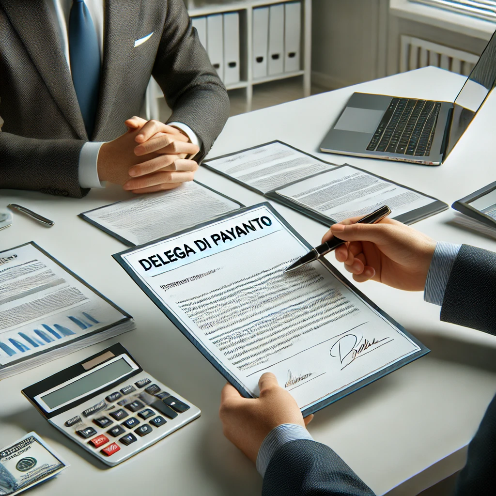 Scambio professionale di una 'Delega di Pagamento' durante una riunione formale di lavoro.