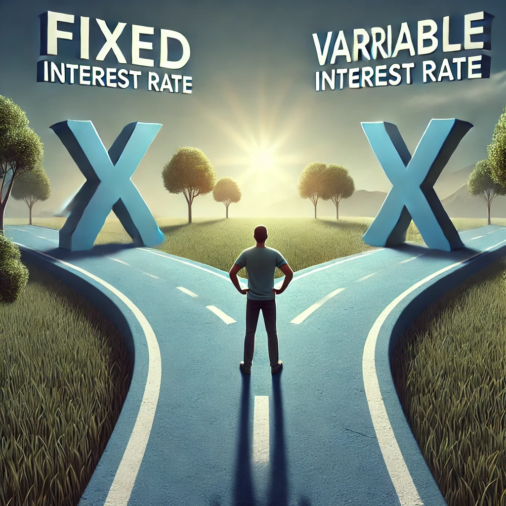 Strada divisa in due percorsi, uno per tasso fisso e uno per tasso variabile, con una persona all'incrocio che simboleggia la scelta di un mutuo a tasso misto.