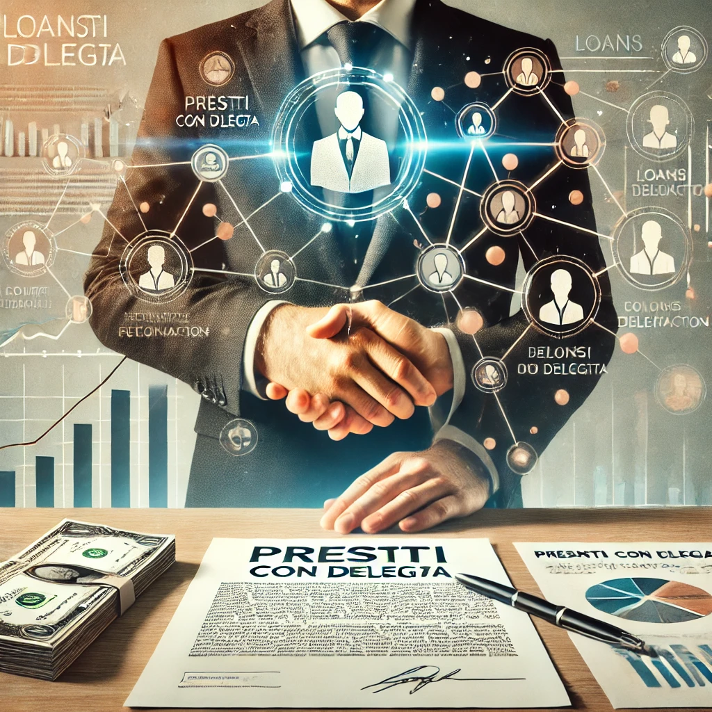 Immagine di "Prestiti con delega" con stretta di mano su contratto e simboli di fiducia e delega.