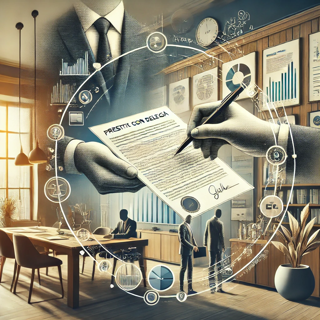 Immagine di concetto su "Prestiti con delega" in un contesto professionale ed elegante.