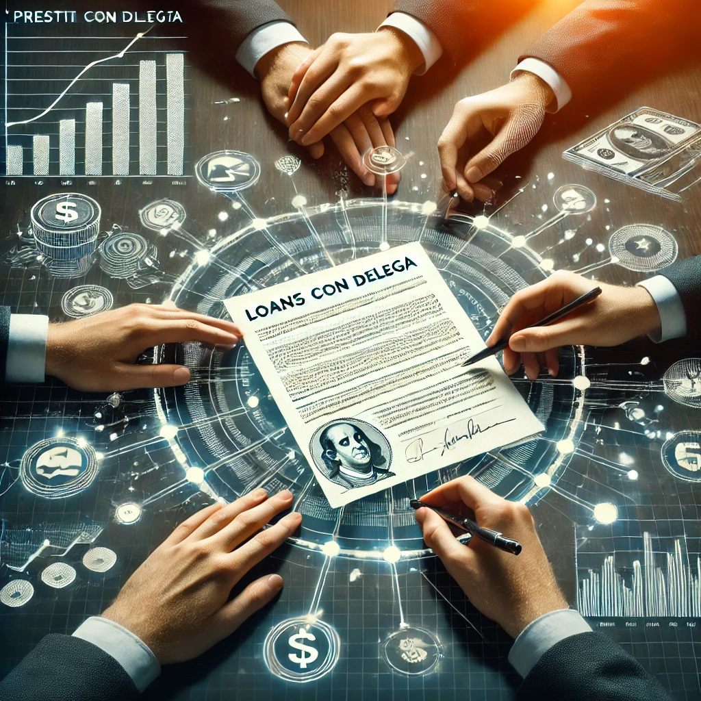 Immagine di "Prestiti con delega" in un ambiente professionale con documenti firmati e simboli finanziari.